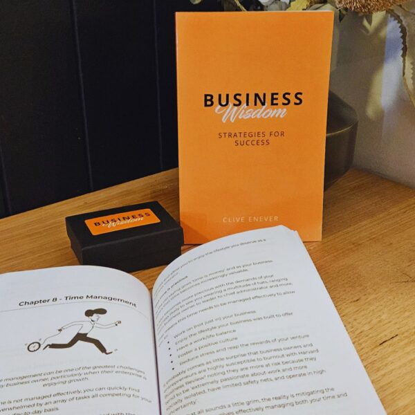 A cup of coffee placed next to "Business Wisdom: Strategies for Success" exuding wisdom.